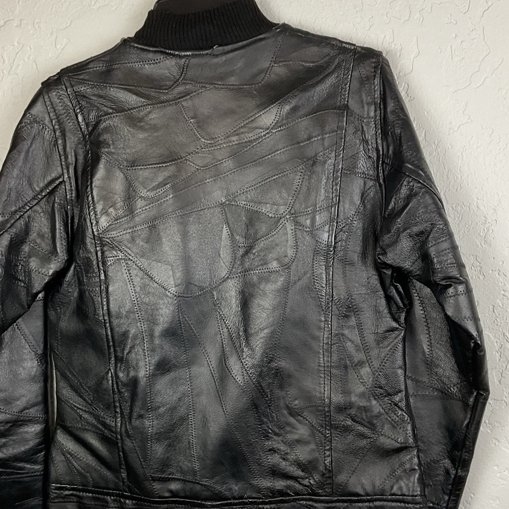M. Collection Women’s Black Leather Patchwork Zip Up Bomber Jacket Sz Med - Picture 8 of 15